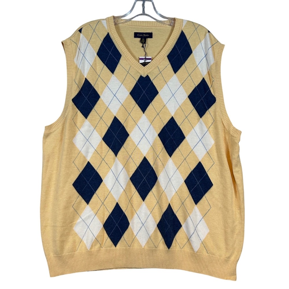 NWT Club Room Mens Argyle Sweater Vest XXL Yellow Cotton V-Neck Grandpacore Prep